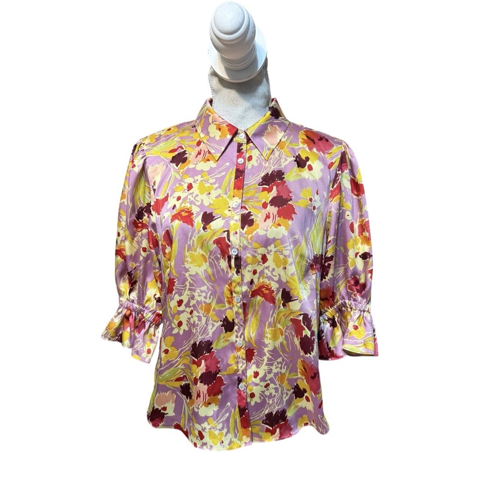 Cinq à Sept Fiona Dahlia Tropical Print Puff Sleeve Button Front Blouse Large